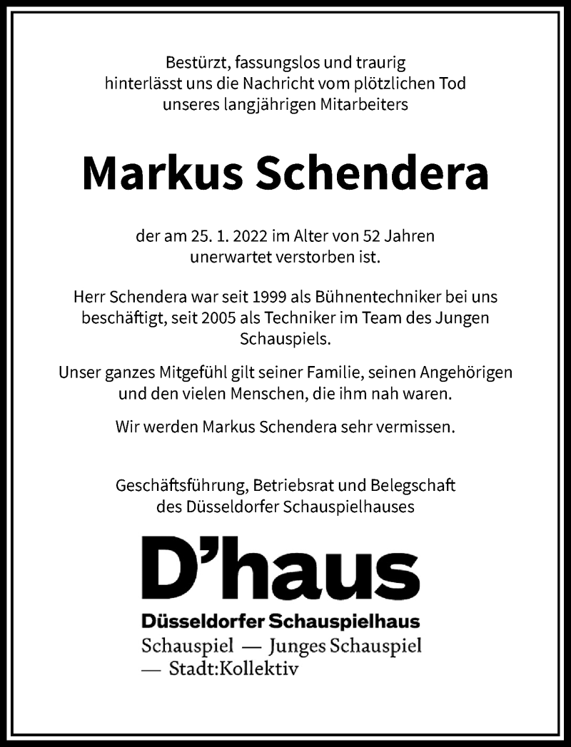  Traueranzeige für Markus Schendera vom 29.01.2022 aus Rheinische Post