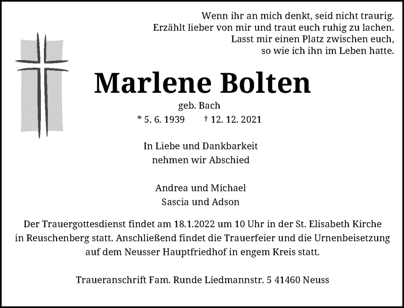  Traueranzeige für Marlene Bolten vom 08.01.2022 aus Rheinische Post