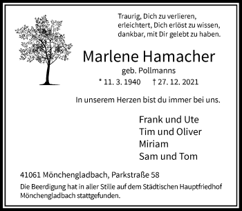 Traueranzeige von Marlene Hamacher von Rheinische Post