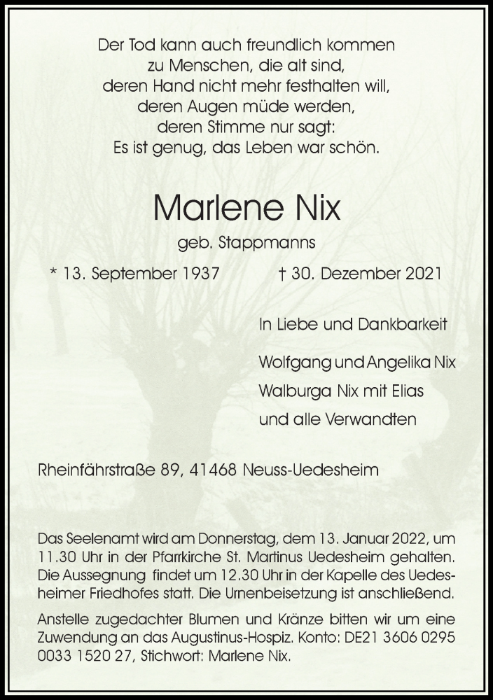  Traueranzeige für Marlene Nix vom 08.01.2022 aus Rheinische Post