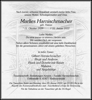 Traueranzeige von Marlies Harnischmacher von Rheinische Post