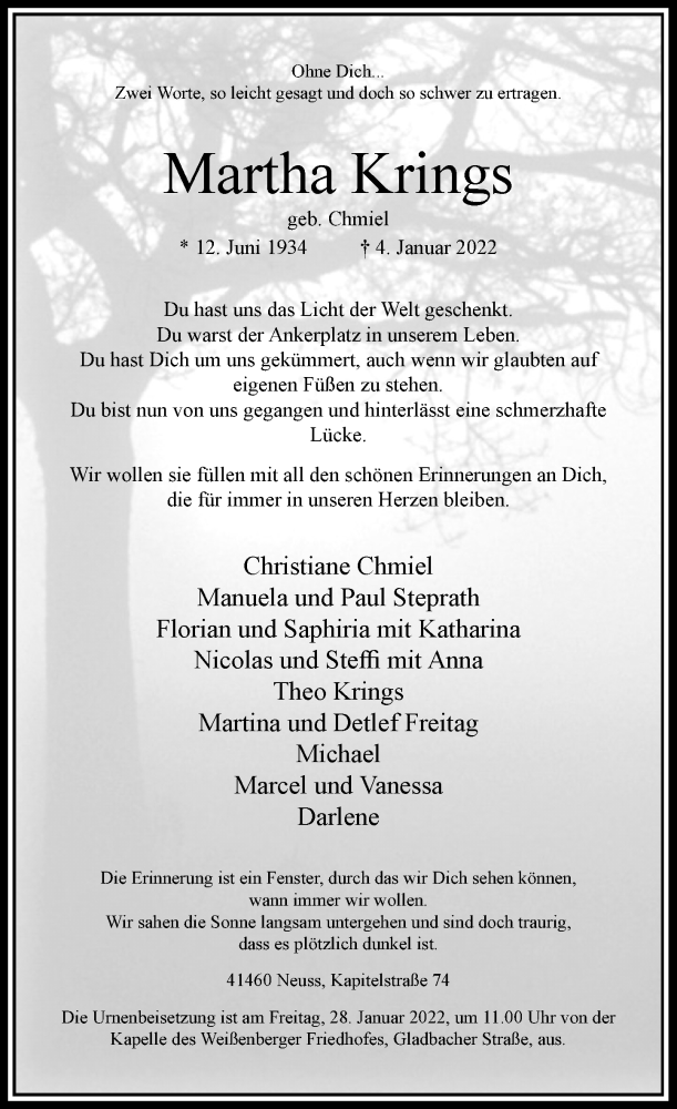  Traueranzeige für Martha Krings vom 22.01.2022 aus Rheinische Post