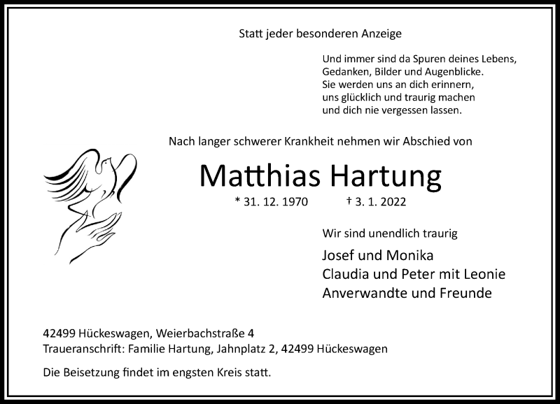  Traueranzeige für Matthias Hartung vom 08.01.2022 aus Rheinische Post