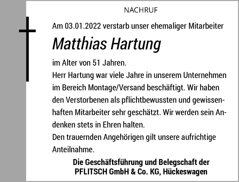  Traueranzeige für Matthias Hartung vom 22.01.2022 aus Rheinische Post