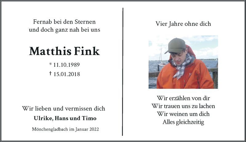  Traueranzeige für Matthis Fink vom 15.01.2022 aus Rheinische Post