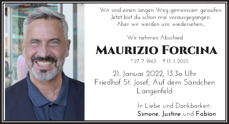  Traueranzeige für Maurizio Forcina vom 19.01.2022 aus Rheinische Post