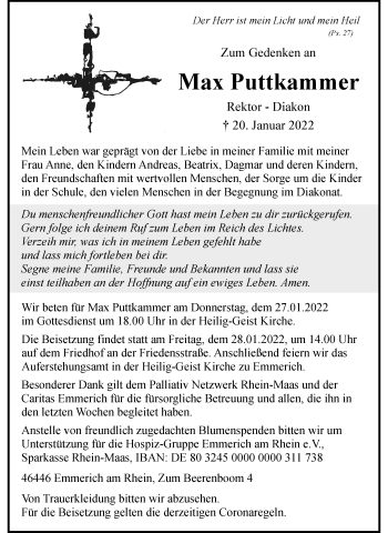 Traueranzeige von Max Puttkammer von Rheinische Post