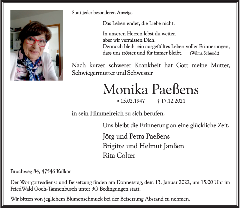  Traueranzeige für Monika Paeßens vom 05.01.2022 aus Rheinische Post