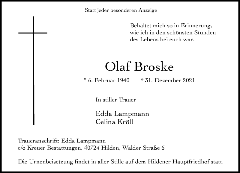 Traueranzeige für Olaf Broske vom 08.01.2022 aus Rheinische Post