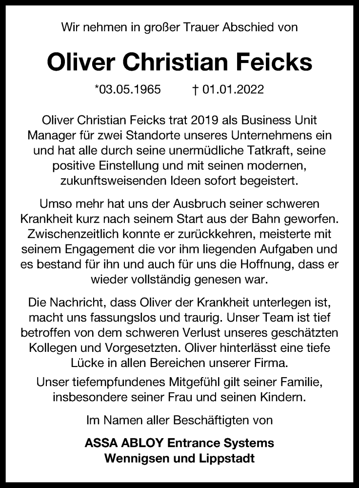  Traueranzeige für Oliver Christian Feicks vom 15.01.2022 aus Rheinische Post