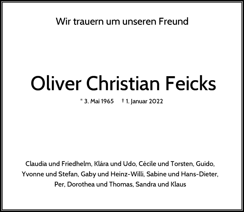  Traueranzeige für Oliver Christian Feicks vom 08.01.2022 aus Rheinische Post