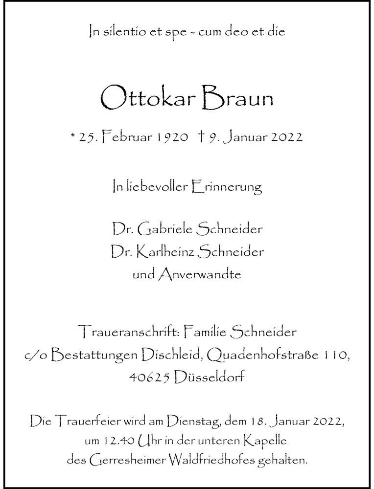  Traueranzeige für Ottokar Braun vom 15.01.2022 aus Rheinische Post