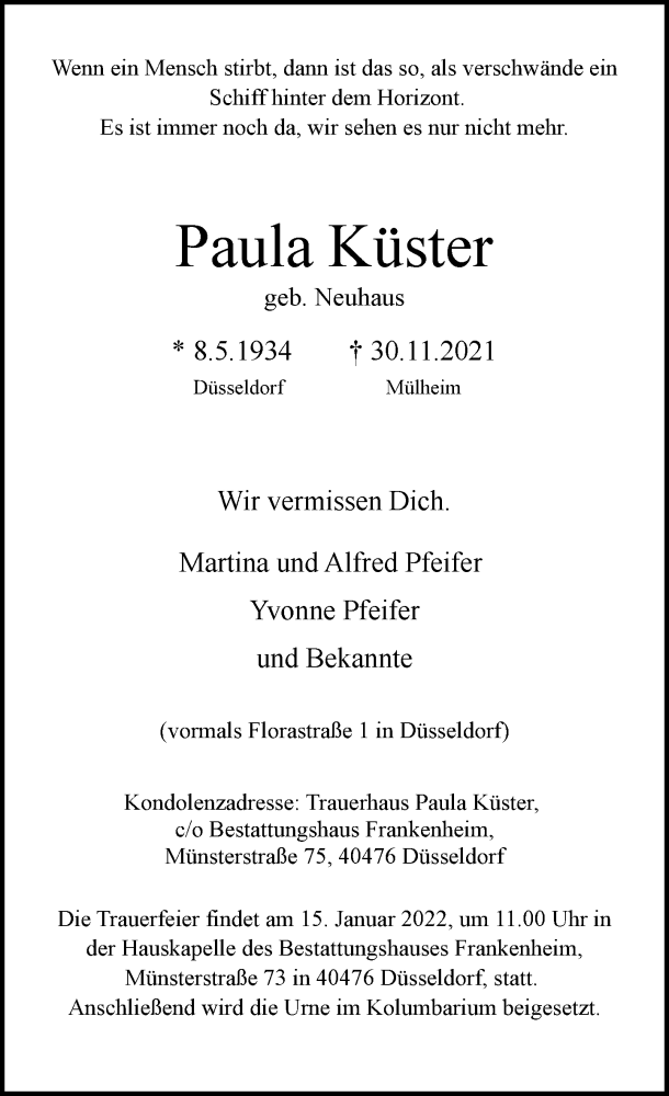 Traueranzeige für Paula Küster vom 08.01.2022 aus Rheinische Post