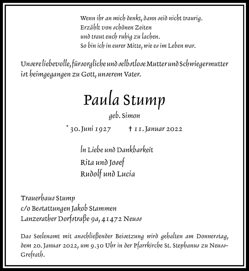  Traueranzeige für Paula Stump vom 15.01.2022 aus Rheinische Post