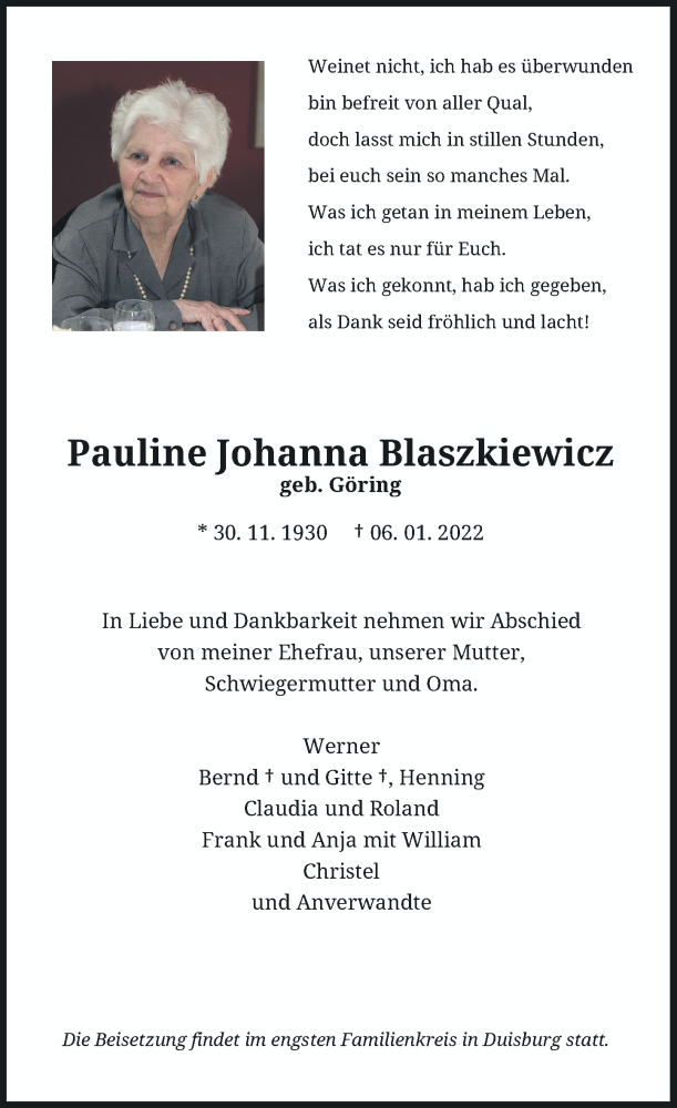  Traueranzeige für Pauline Johanna Blaszkiewicz vom 15.01.2022 aus Rheinische Post