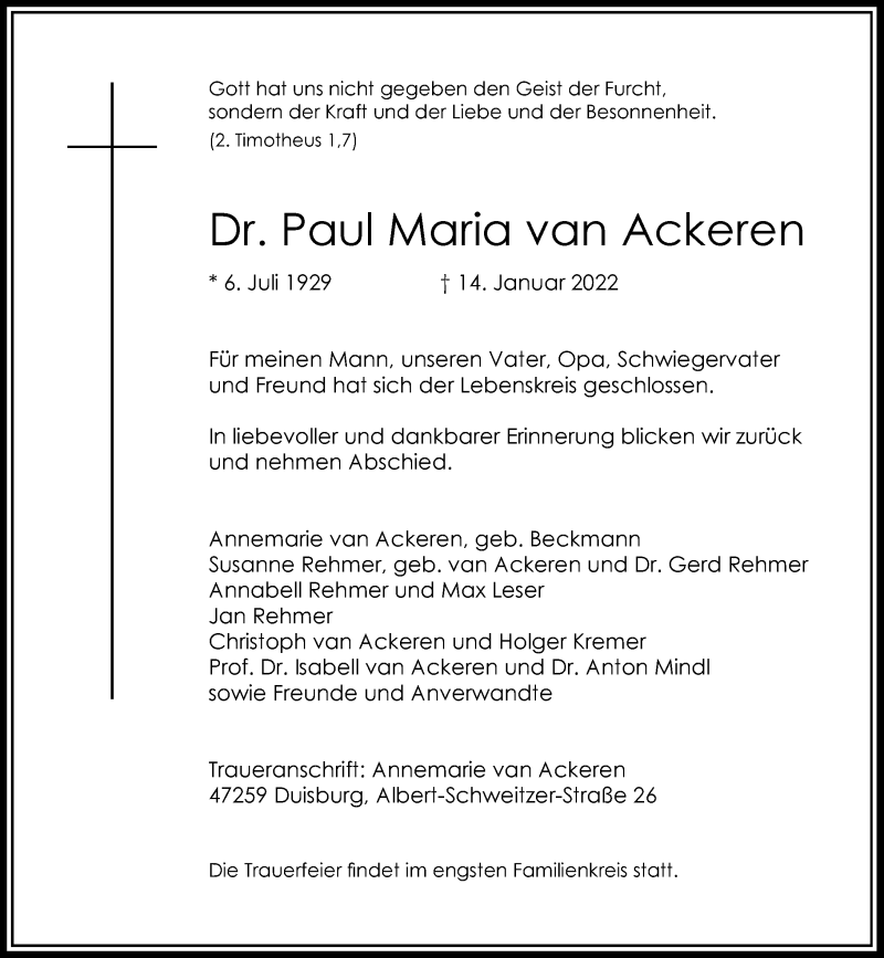  Traueranzeige für Paul Maria van Ackeren vom 22.01.2022 aus Rheinische Post