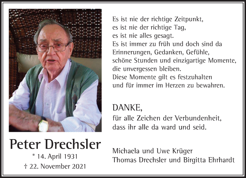  Traueranzeige für Peter Drechsler vom 15.01.2022 aus Rheinische Post