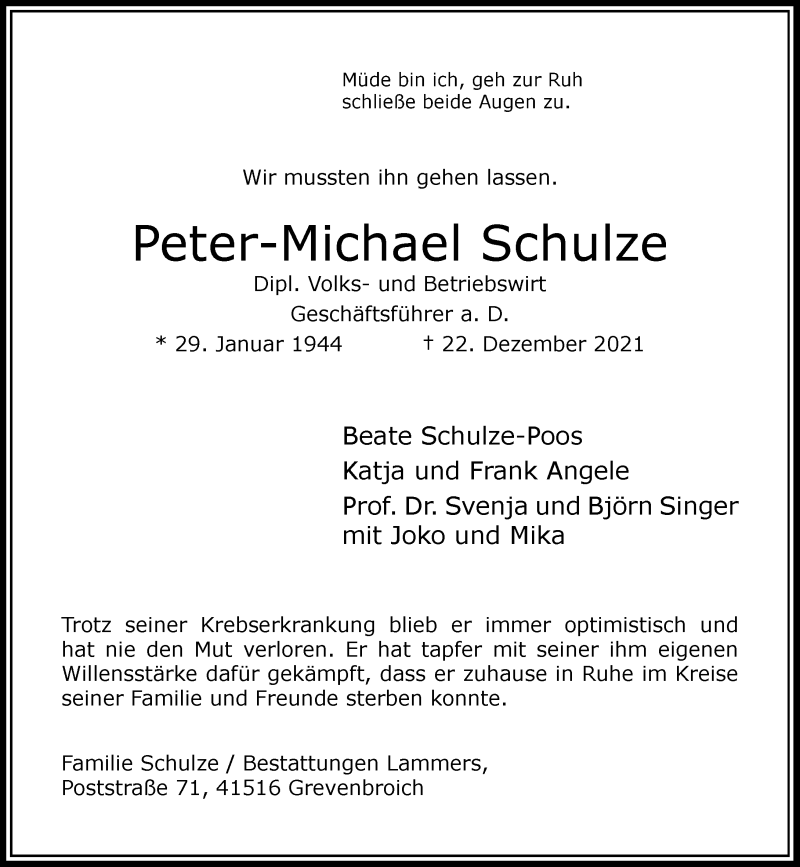 Traueranzeige für Peter-Michael Schulze vom 08.01.2022 aus Rheinische Post