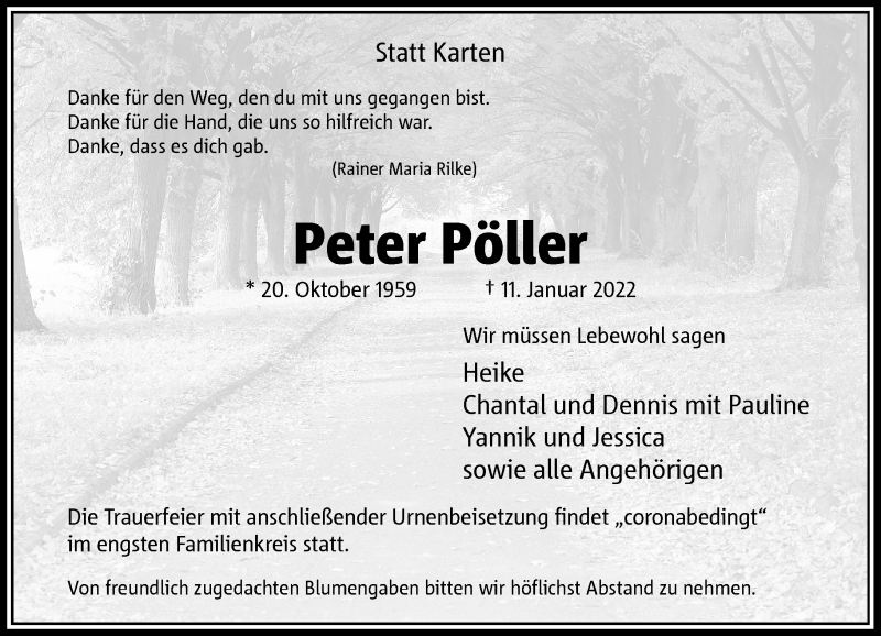  Traueranzeige für Peter Pöller vom 22.01.2022 aus Rheinische Post