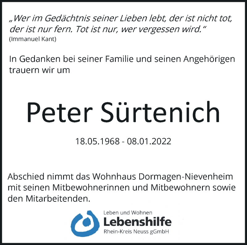  Traueranzeige für Peter Sürtenich vom 15.01.2022 aus Rheinische Post