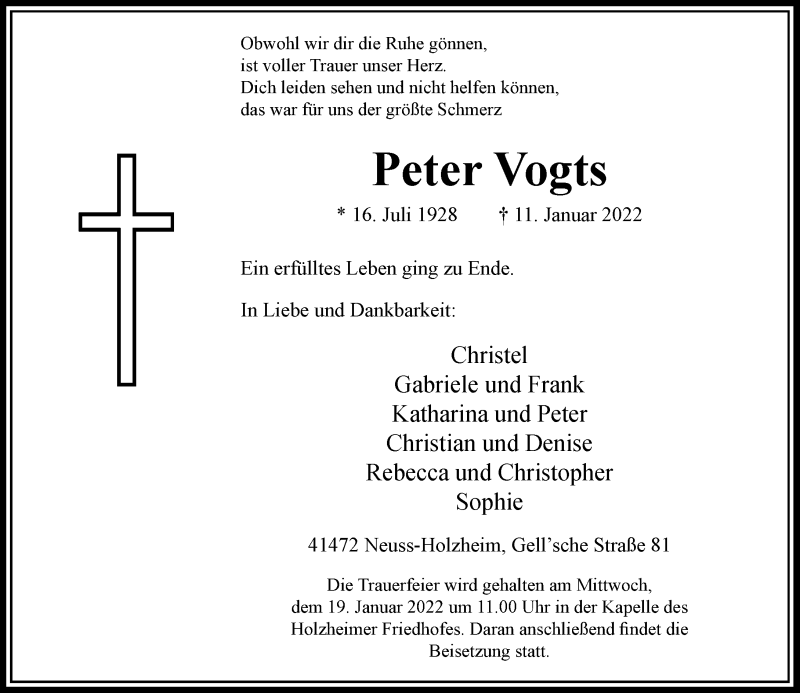  Traueranzeige für Peter Vogts vom 15.01.2022 aus Rheinische Post