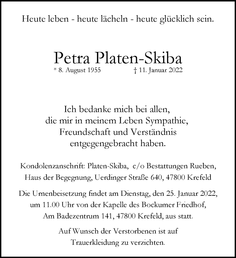  Traueranzeige für Petra Platen-Skiba vom 15.01.2022 aus Rheinische Post