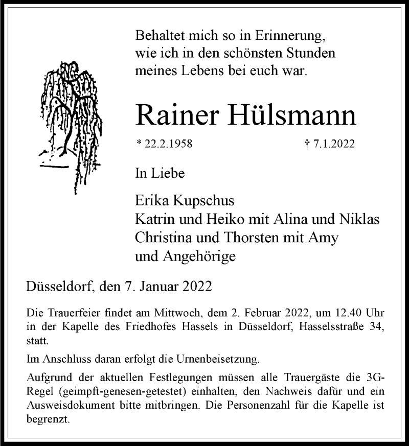  Traueranzeige für Rainer Hülsmann vom 29.01.2022 aus Rheinische Post