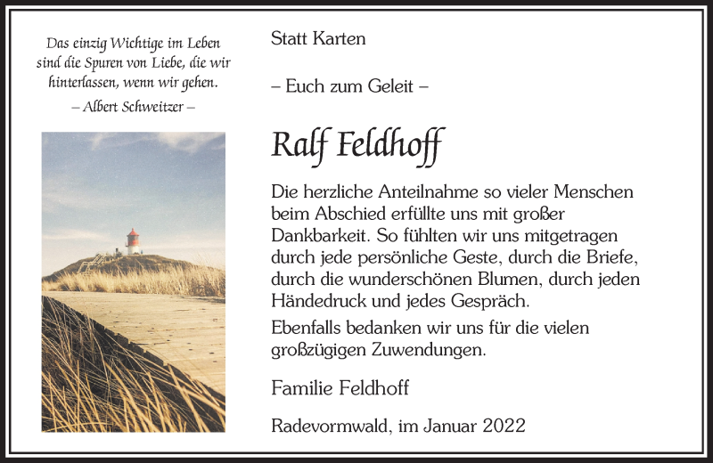  Traueranzeige für Ralf Feldhoff vom 29.01.2022 aus Rheinische Post