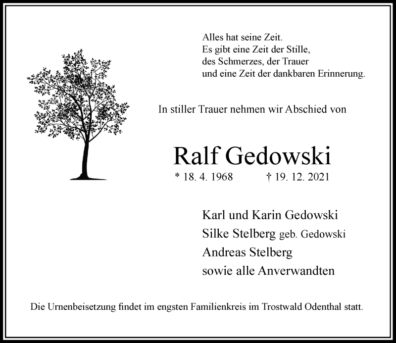  Traueranzeige für Ralf Gedowski vom 15.01.2022 aus Rheinische Post