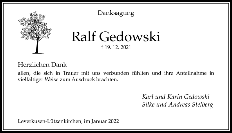  Traueranzeige für Ralf Gedowski vom 22.01.2022 aus Rheinische Post