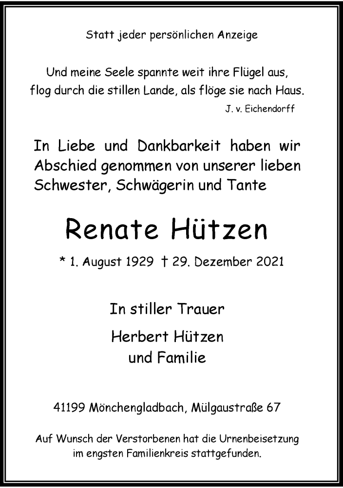  Traueranzeige für Renate Hützen vom 18.01.2022 aus Rheinische Post