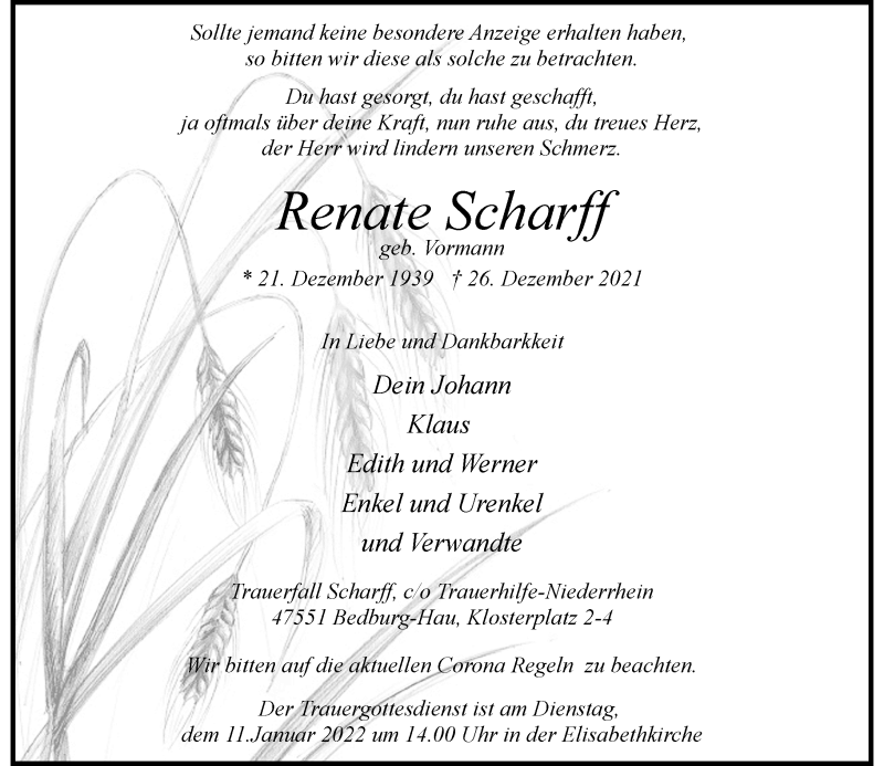  Traueranzeige für Renate Scharff vom 08.01.2022 aus Rheinische Post