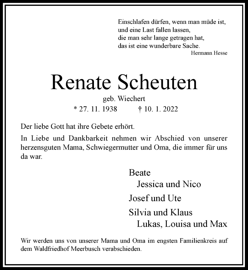  Traueranzeige für Renate Scheuten vom 15.01.2022 aus Rheinische Post