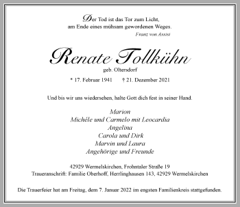 Traueranzeige von Renate Tollkühn von Rheinische Post