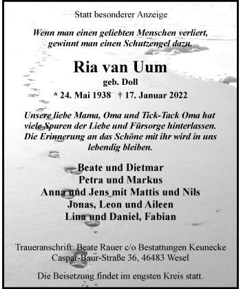 Traueranzeige von Ria van Uum von Rheinische Post