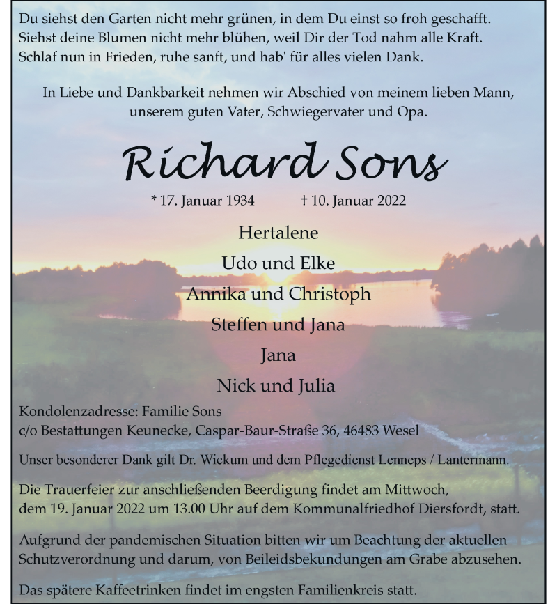  Traueranzeige für Richard Sons vom 15.01.2022 aus Rheinische Post