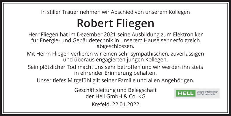  Traueranzeige für Robert Fliegen vom 22.01.2022 aus Rheinische Post
