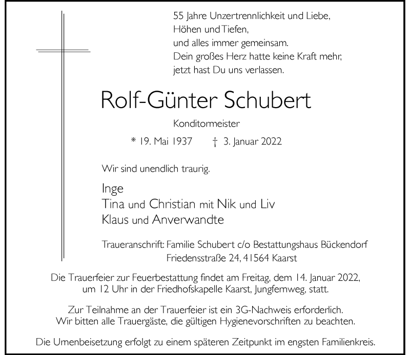  Traueranzeige für Rolf-Günter Schubert vom 08.01.2022 aus Rheinische Post