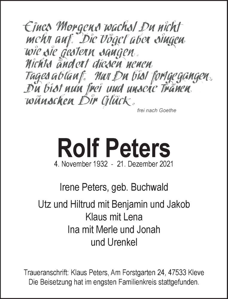  Traueranzeige für Rolf Peters vom 22.01.2022 aus Rheinische Post