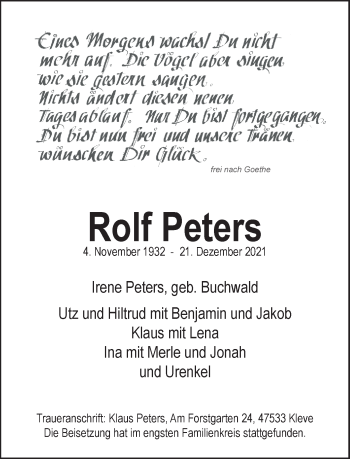 Traueranzeige von Rolf Peters von Rheinische Post