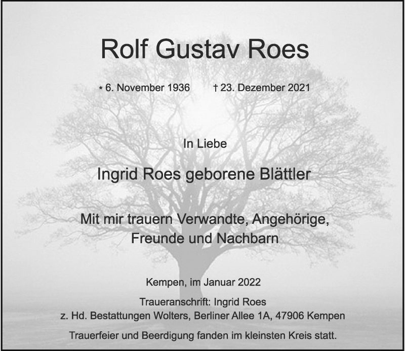  Traueranzeige für Rolf Gustav Roes vom 08.01.2022 aus Rheinische Post