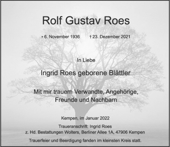 Traueranzeige von Rolf Gustav Roes von Rheinische Post