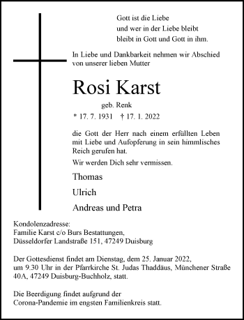 Traueranzeige von Rosi Karst von Rheinische Post