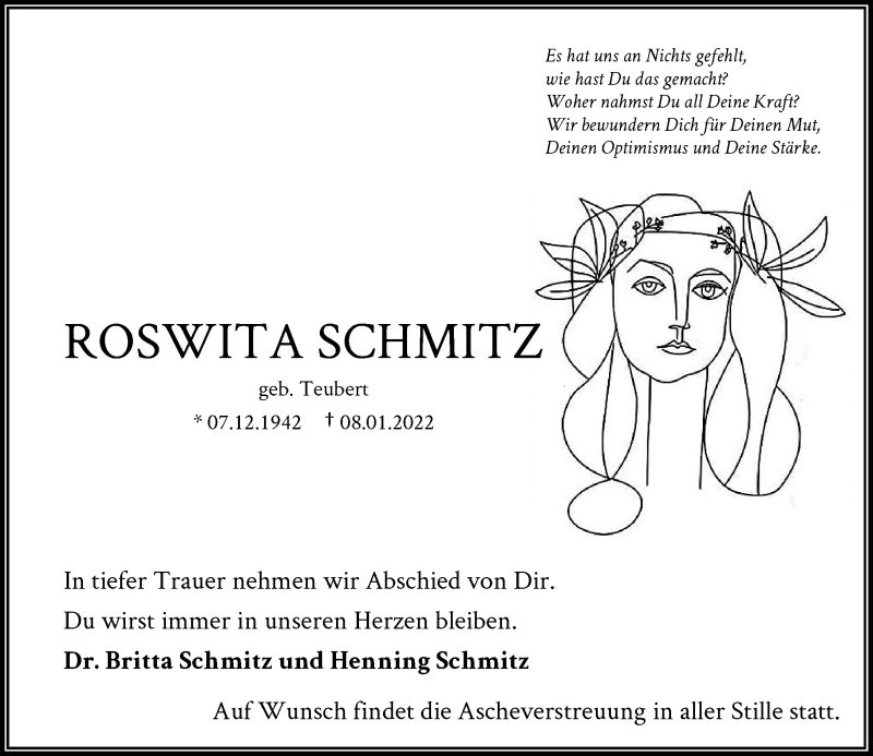  Traueranzeige für Roswita Schmitz vom 15.01.2022 aus Rheinische Post