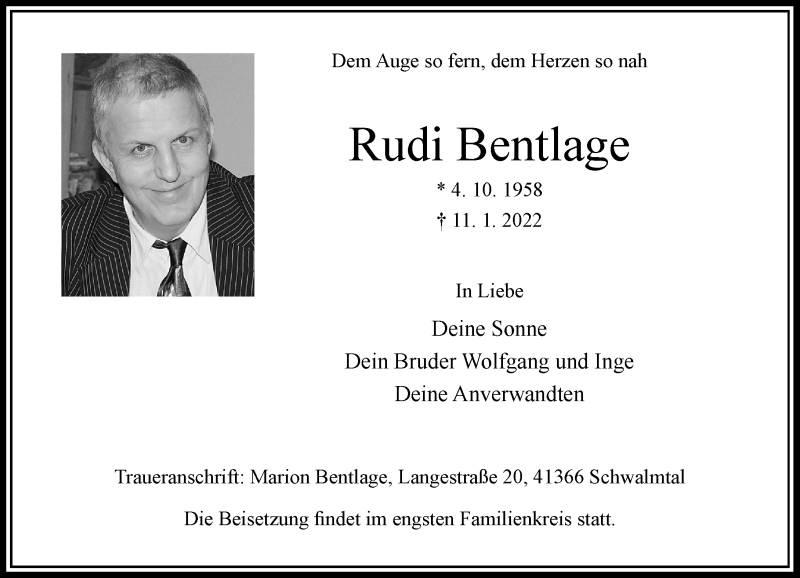  Traueranzeige für Rudi Bentlage vom 22.01.2022 aus Rheinische Post