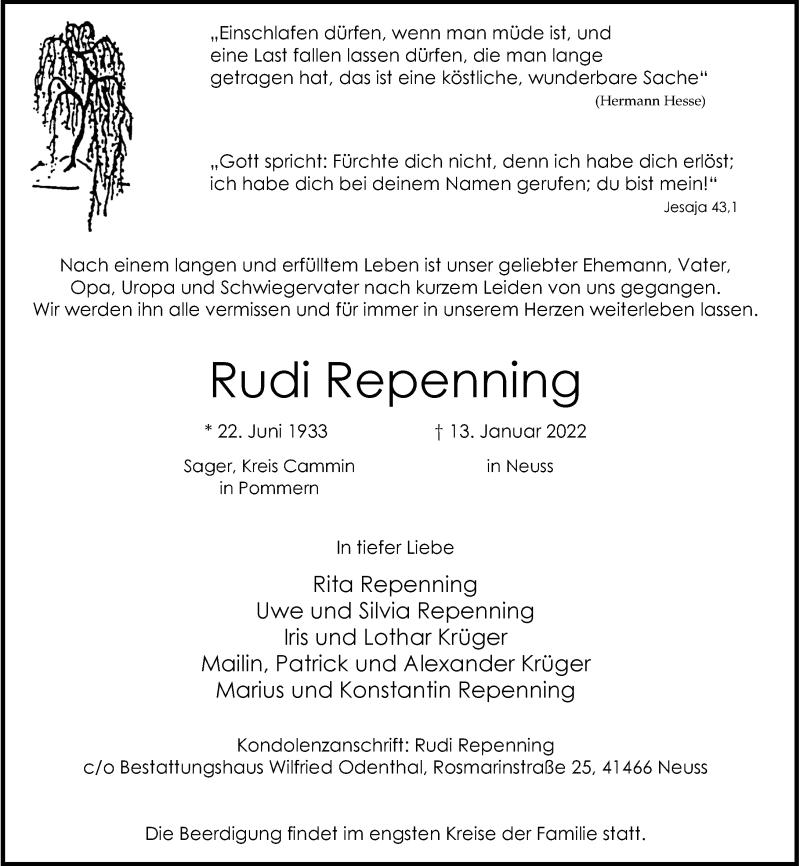  Traueranzeige für Rudi Repenning vom 22.01.2022 aus Rheinische Post