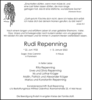 Traueranzeige von Rudi Repenning von Rheinische Post