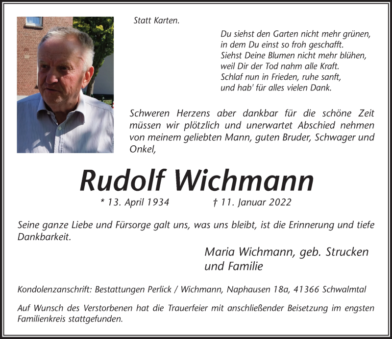  Traueranzeige für Rudolf Wichmann vom 22.01.2022 aus Rheinische Post