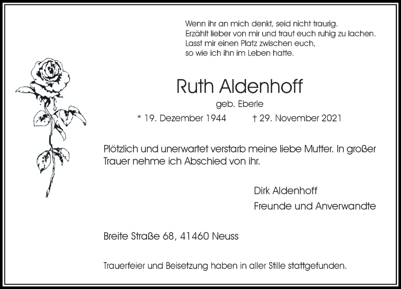  Traueranzeige für Ruth Aldenhoff vom 08.01.2022 aus Rheinische Post