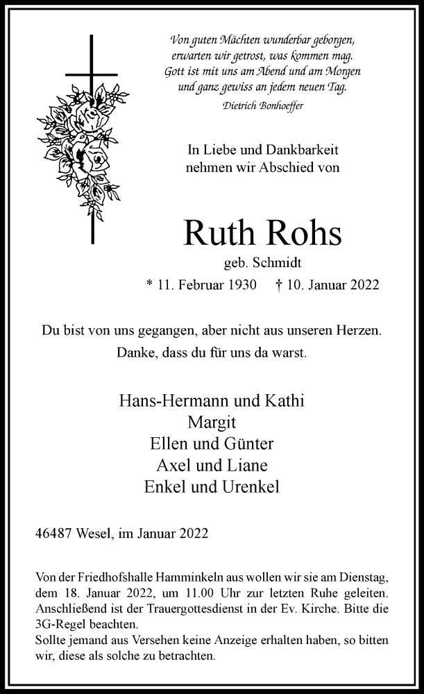  Traueranzeige für Ruth Rohs vom 13.01.2022 aus Rheinische Post